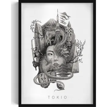 Obraz Dekorativní nástěnný obraz v rámu Černobílý Tokio Drak Višňový květ 50x70 cm