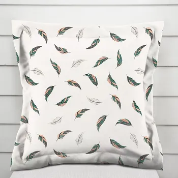 Povlak na polštářek Bavlněný povlak na polštář s lemem Sandra SA-460 Zeleno-růžová pírka na bílém 30 x 50 cm