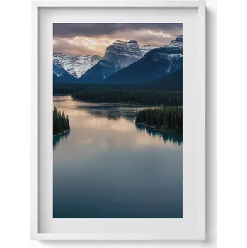 Obraz Dekorativní obraz v bílém rámu na zeď Krajina řeky, lesů a hor 50x70 cm