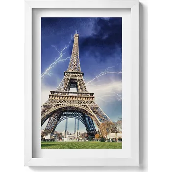 Obraz Ozdobný nástěnný obraz v bílém rámu Eiffelova věž, blesky a bouřka 20x30 cm