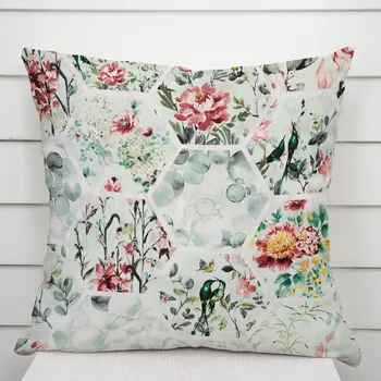 Povlak na polštářek Bavlněný povlak na polštář Sandra SA-415 Květiny na mintovém hexagonu 40 x 60 cm