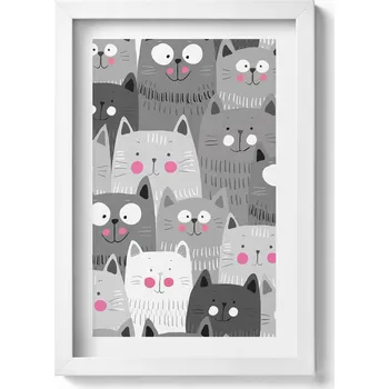 Obraz Dekorativní nástěnný obraz v bílém rámu s grafikou loft - Vzor s kočkami 20x30 cm