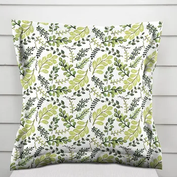 Povlak na dekorativní polštářek Bavlněný povlak na polštář s lemem Sandra SA-426 Zelené větvičky s lístky na bílém 35 x 45 cm