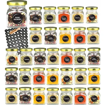 Sklenice Sklenice na koření 120 ml x32 ks se zlatým víčkem + 90 etiket + naběračka