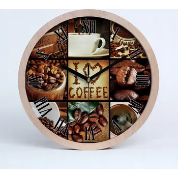 Hodiny Velké dřevěné tiché nástěnné hodiny - motiv káva, koláž průměr 30 cm