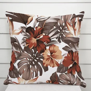 Povlak na dekorativní polštářek Bavlněný povlak na polštář Sandra SA-441 Hnědo-cihlové květy a listy monstery 30 x 50 cm
