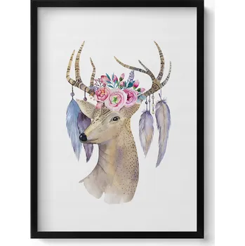 Obraz Dekorativní nástěnný obraz v rámu s grafikou Jelení hlava a květiny 50x70 cm