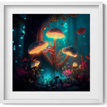 Obraz Dekorativní obraz v bílém rámu do obýváku Les a kouzelné houby 50x50 cm