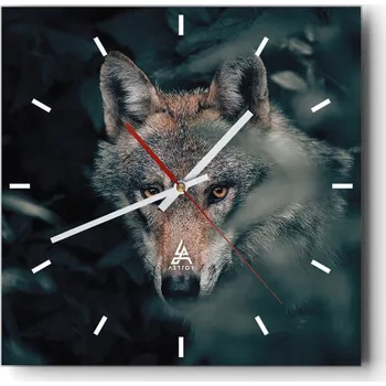 Hodiny Velké nástěnné hodiny na zeď 40x40 Vlk Skleněné hodiny Čtvercové Tiché