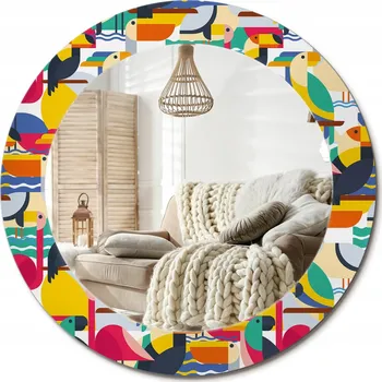 Zrcadlo Zrcadlo závěsné dekorativní s potiskem průměr 60 cm Geometrické tropické ptactvo