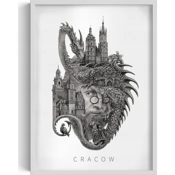 Obraz Rámeček s obrazem Černobílý Krakov Kostel Panny Marie Drak Wawelský 50x70 cm
