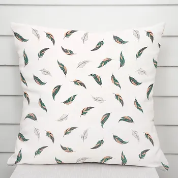 Povlak na dekorativní polštářek Bavlněný povlak na polštář Sandra SA-460 Zeleno-růžová pírka na bílém 30 x 50 cm