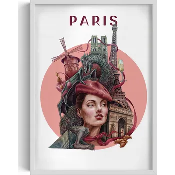 Obraz Obraz grafika v rámu Paříž Eiffelova věž Notre Dame Moulin Rouge 50x70 cm