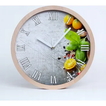 Hodiny Dřevěné nástěnné hodiny s římskými číslicemi a motivem zeleniny, průměr 30 cm