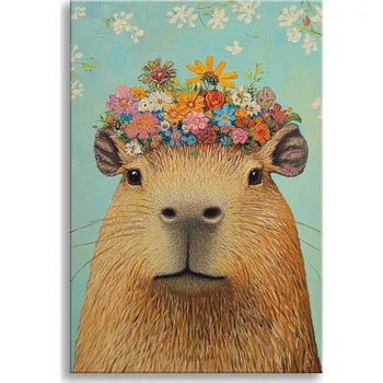 Obraz Obraz na plátně do obývacího pokoje Kapybara v barevném věnci s květinami 60x90