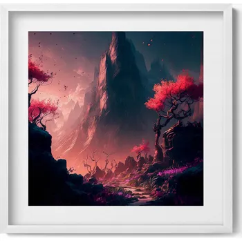 Obraz Dekorace, obraz s grafikou v krásném bílém rámu Magický les a hory 50x50 cm