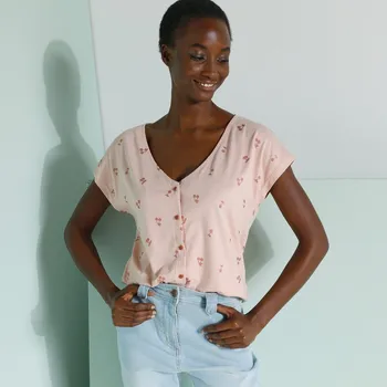 Pánské tričko Blancheporte Tričko na knoflíčky s výstřihem do V, s potiskem třešní růžová/růžová pudrová 34/36