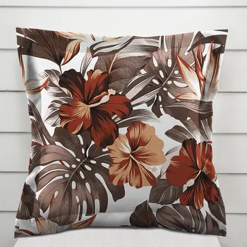 Povlak na dekorativní polštářek Bavlněný povlak na polštář s lemem Sandra SA-441 Hnědo-cihlové květy a listy monstery 40 x 60 cm
