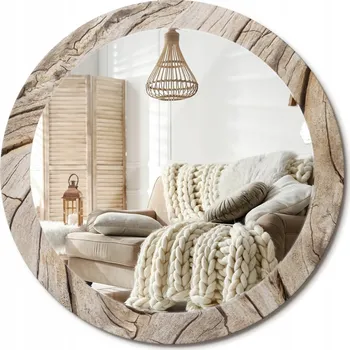 Zrcadlo Nástěnné Zrcadlo s dekorativním skleněným rámem s potiskem průměr 80 cm, popraskané dřevo