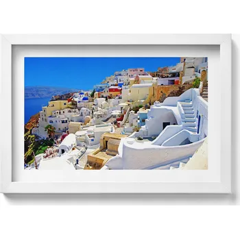 Obraz Dekorativní nástěnný obraz s bílým rámem, grafika loft Řecko Santorini 30x20 cm
