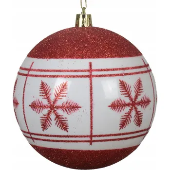 Vánoční dekorace Vánoční Koule na vánoční stromek kulatá SNĚHOVÉ VLOČKY červeno-bílá Brokátová na vánoční stromeček 10 cm