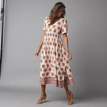 Dámské šaty Dlouhé šaty s potiskem a krátkými rukávy béžová/karamelová 54