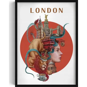 Obraz Obraz v rámu, plakát rámeček Londýn, Big Ben Tower Bridge Lion Bus, 50x70 cm