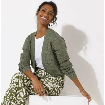 Dámský svetr Ažurový krátký svetr bez zapínání khaki 34/36