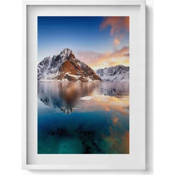 Obraz Nástěnný obraz v rámu s grafikou Krásná krajina vody a hor večer 50x70 cm