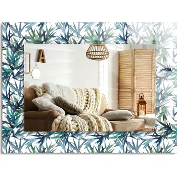 Zrcadlo Nástěnné zrcadlo s ozdobnou grafikou na skle, motiv Akvarelové bambusové listy, 80x60 cm