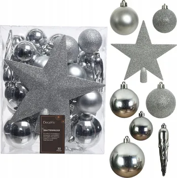 Vánoční dekorace Sada vánočních ozdob vánoční baňky špice plast x33 STŘÍBRNÉ na stromeček