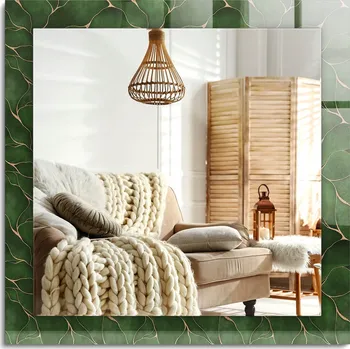 Zrcadlo Ozdobné zrcadlo s potiskem v moderním stylu Zelené listy, vzor 60x60 cm