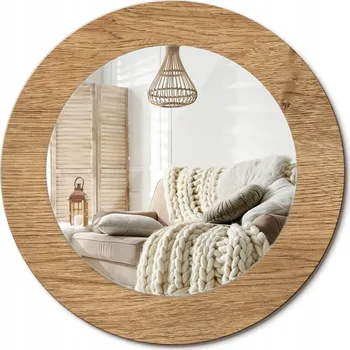 Zrcadlo Prémiové Zrcadlo s dekorativním skleněným rámem s potiskem průměr 50 cm, textura dřeva