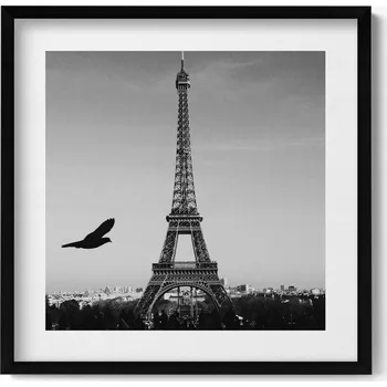 Obraz Obraz s rámem a grafikou na zeď Eiffelova věž a letící pták Paříž 50x50 cm