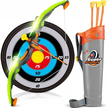 Dětská zbraň LUK S BEZPEČNOSTNÍ SVÍTÍCÍ SADA S TERČEM A ŠÍPY S KOLÍČKEM, VELKÁ