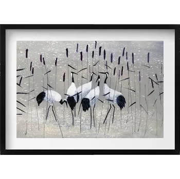 Obraz Nástěnný obraz v černém rámu, dekorace interiéru - Jeřábi v rákosí 70x50 cm