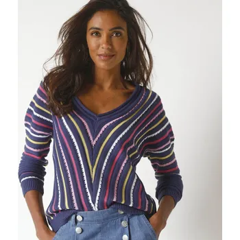 Dámský svetr Pulovr s proužky a výstřihem do V indigo/vícebarevná 50
