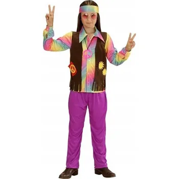 Karnevalový kostým KOSTÝM MALÝ HIPPIŠ DUHOVÁ VESTA KALHOTY KARNEVALOVÁ ČELENKA 128