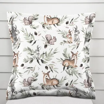 Povlak na polštářek Dětský bavlněný povlak na polštář s lemem Sandra SA-455 Koloušci zajíčci a veverky na bílém 50 x 50 cm