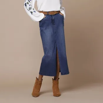 Dámská sukně Rovná džínová midi sukně s rozparkem vpředu modrá 40