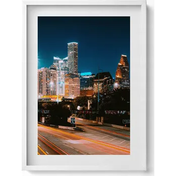 Obraz Ozdobný nástěnný obraz v bílém rámu s grafikou Město v noci Houston 50x70 cm