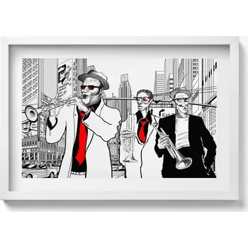 Obraz Dekorativní nástěnný obraz s bílým rámem a grafikou Loft - Jazzová kapela 60x40 cm