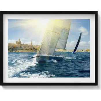 Obraz Ozdobný nástěnný obraz s grafikou v černém rámu Plující jachty 80x60 cm