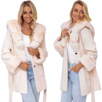 Dámský kabát Dámský kabát Alpaka krémový oversize s kapucí kabát alpaka 097 teplý