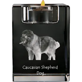 Svícen Kavkazský pastevecký pes - svícen s fotografií psa, křišťálový podstavec na čajovou svíčku