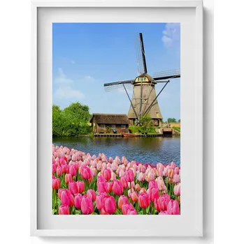 Obraz Závěsný obraz rámeček bílé barvy Holandský větrný mlýn s květinami 50x70 cm