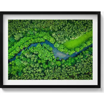 Obraz Ozdobný nástěnný obraz v rámu s grafikou Les a řeka z ptačí perspektivy 80x60 cm