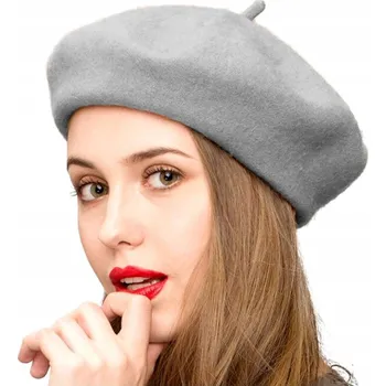 Čepice Szary Damski Zimowy Wełniany francouzský baret s anténkou klasický na podzim