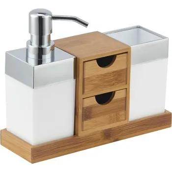 Sada koupelnových doplňků MSV sada 3 ks koupelnových doplňků KEA, bílá, plast, bambus