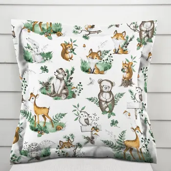 Povlak na dekorativní polštářek Dětský bavlněný povlak na polštář s lemem Sandra SA-459 Lesní zvířátka na bílém 40 x 40 cm